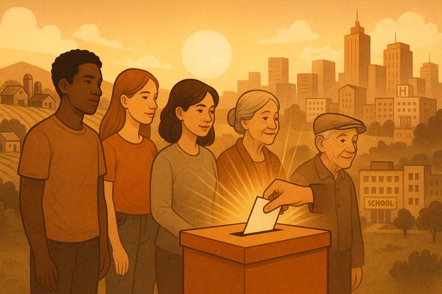 Bihar voters standing in queue outside polling booth, discussing jobs and development over caste politics