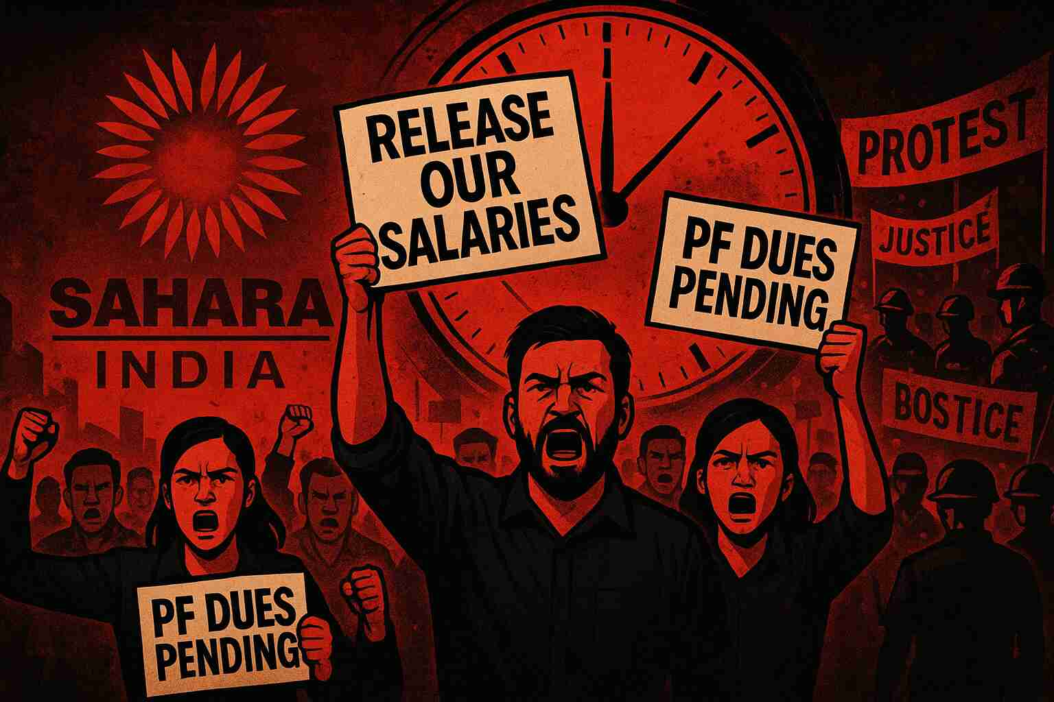 Sahara Group employees protesting in Lucknow, holding placards demanding unpaid salaries and PF dues.