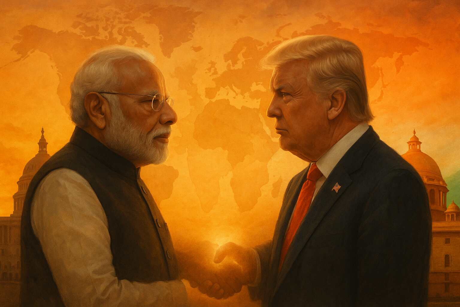 PM Narendra Modi and Donald Trump facing each other, a faint handshake glow between them symbolizing diplomacy.