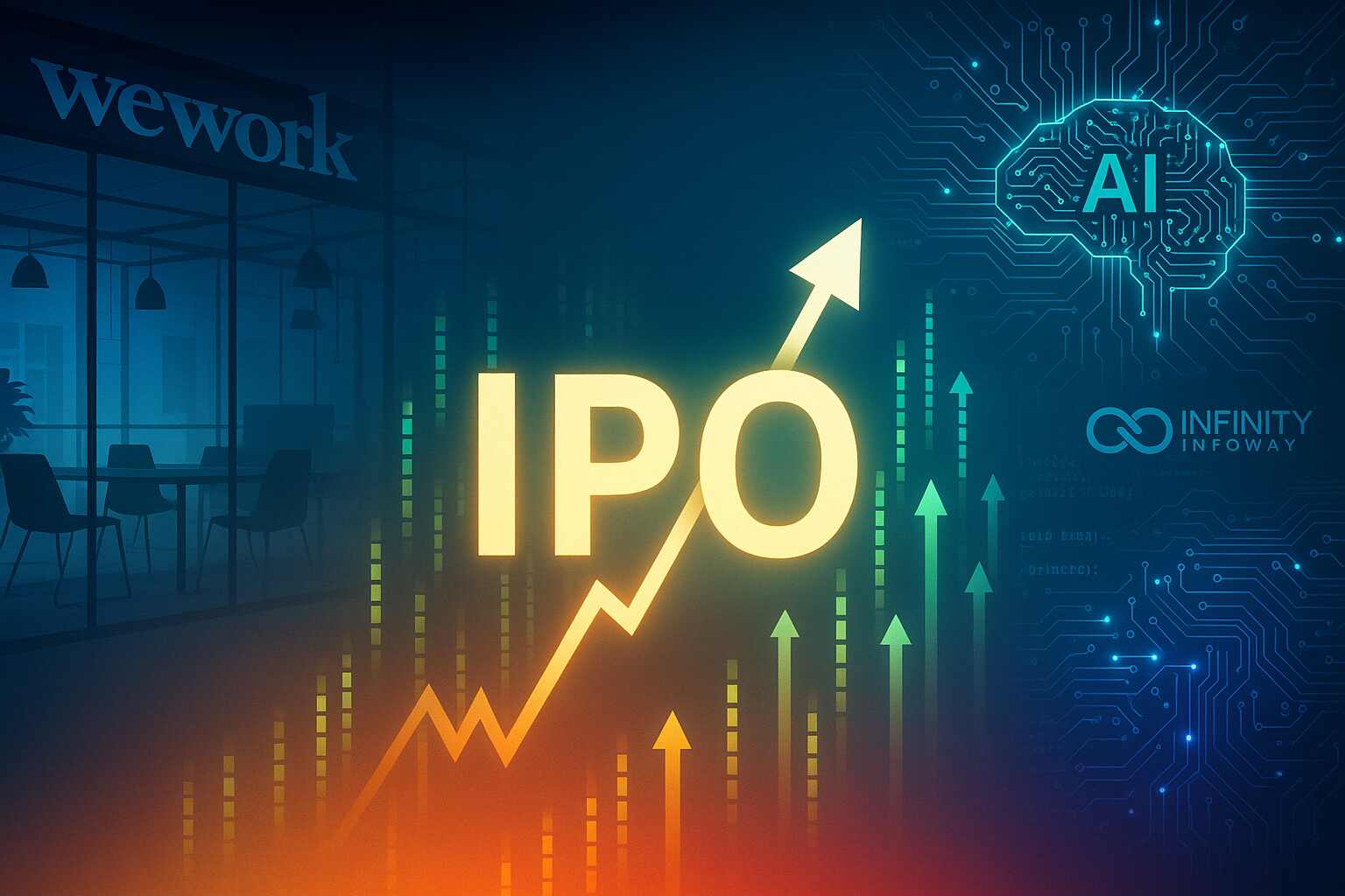 A glowing stock market ticker displaying “IPO” rising upward with digital arrows