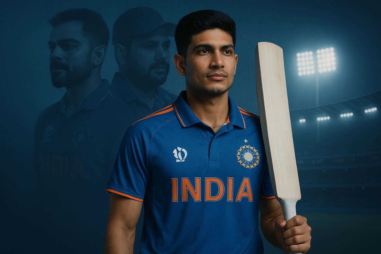 Shubman Gill standing confidently in Indian cricket jersey, holding bat, symbolizing new ODI captaincy era