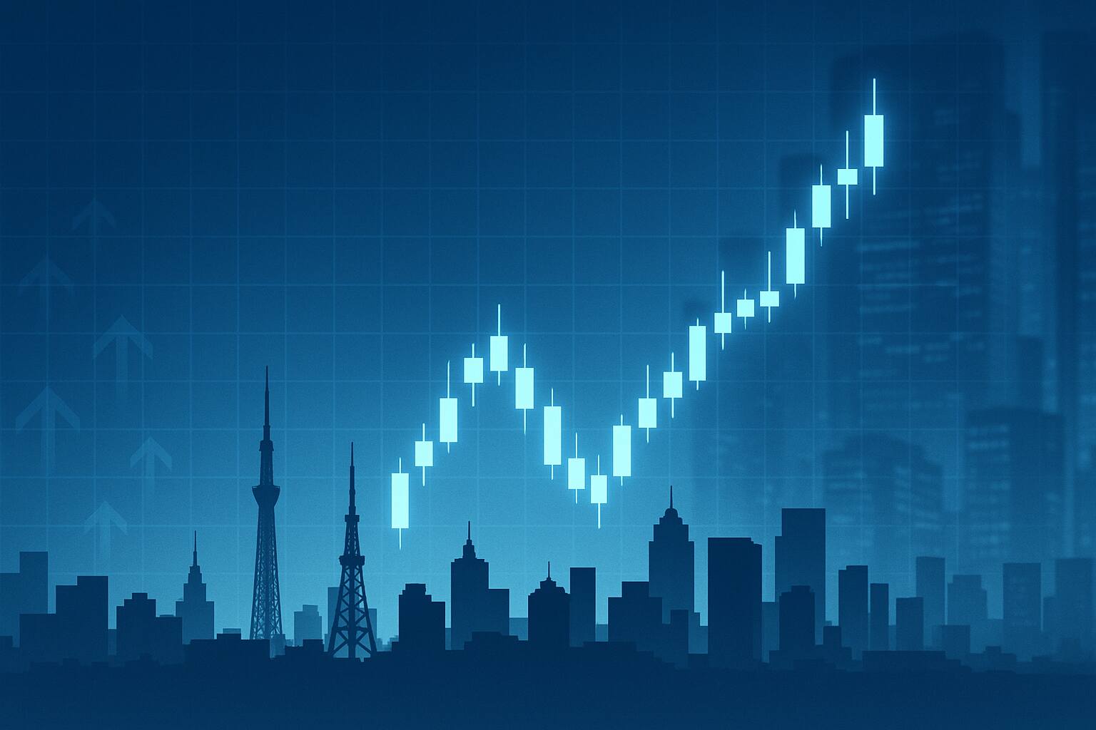 Tokyo stock exchange screen showing Nikkei rally with upward charts