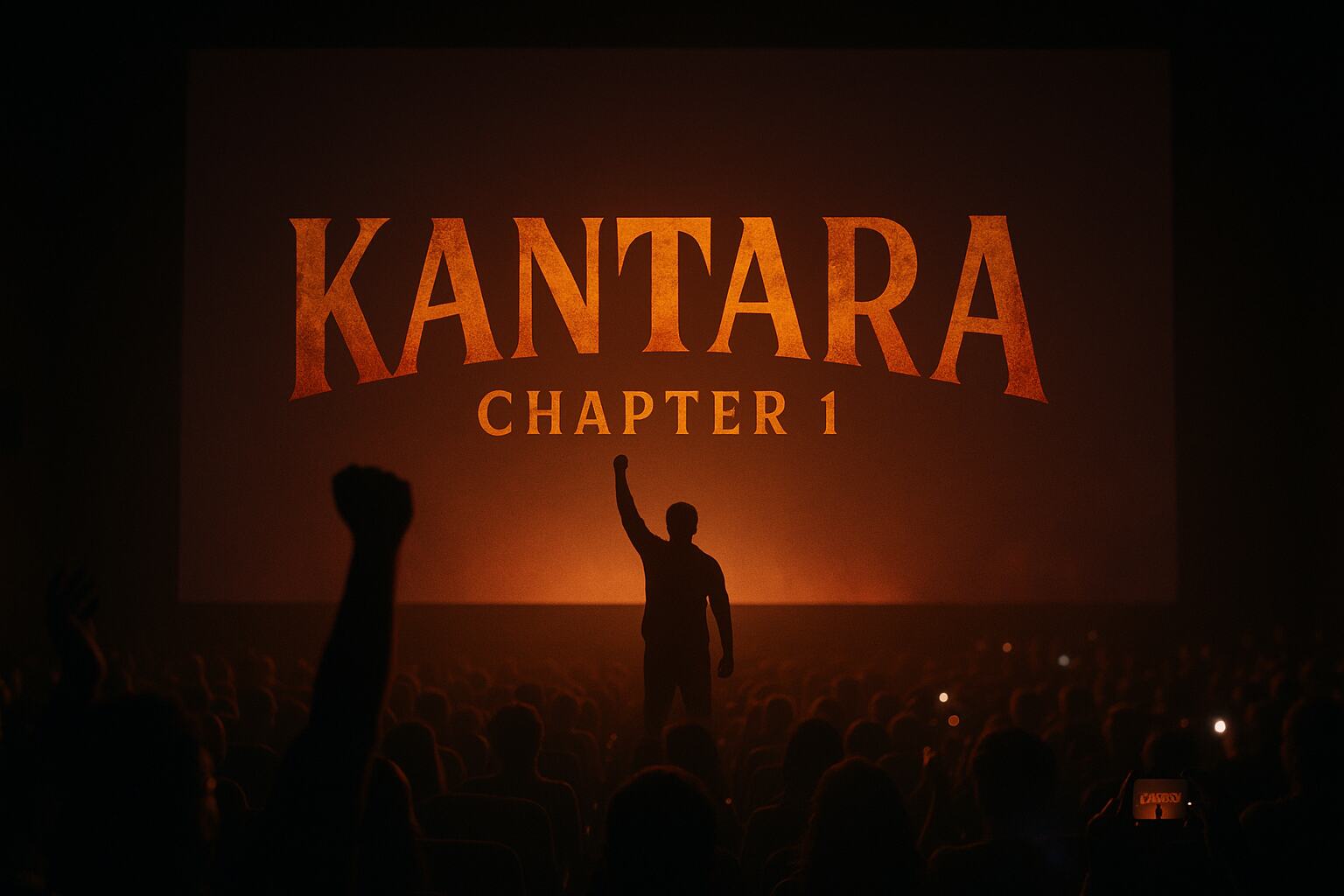 Crowd cheering in theater as Kantara Chapter 1 title screen is projected