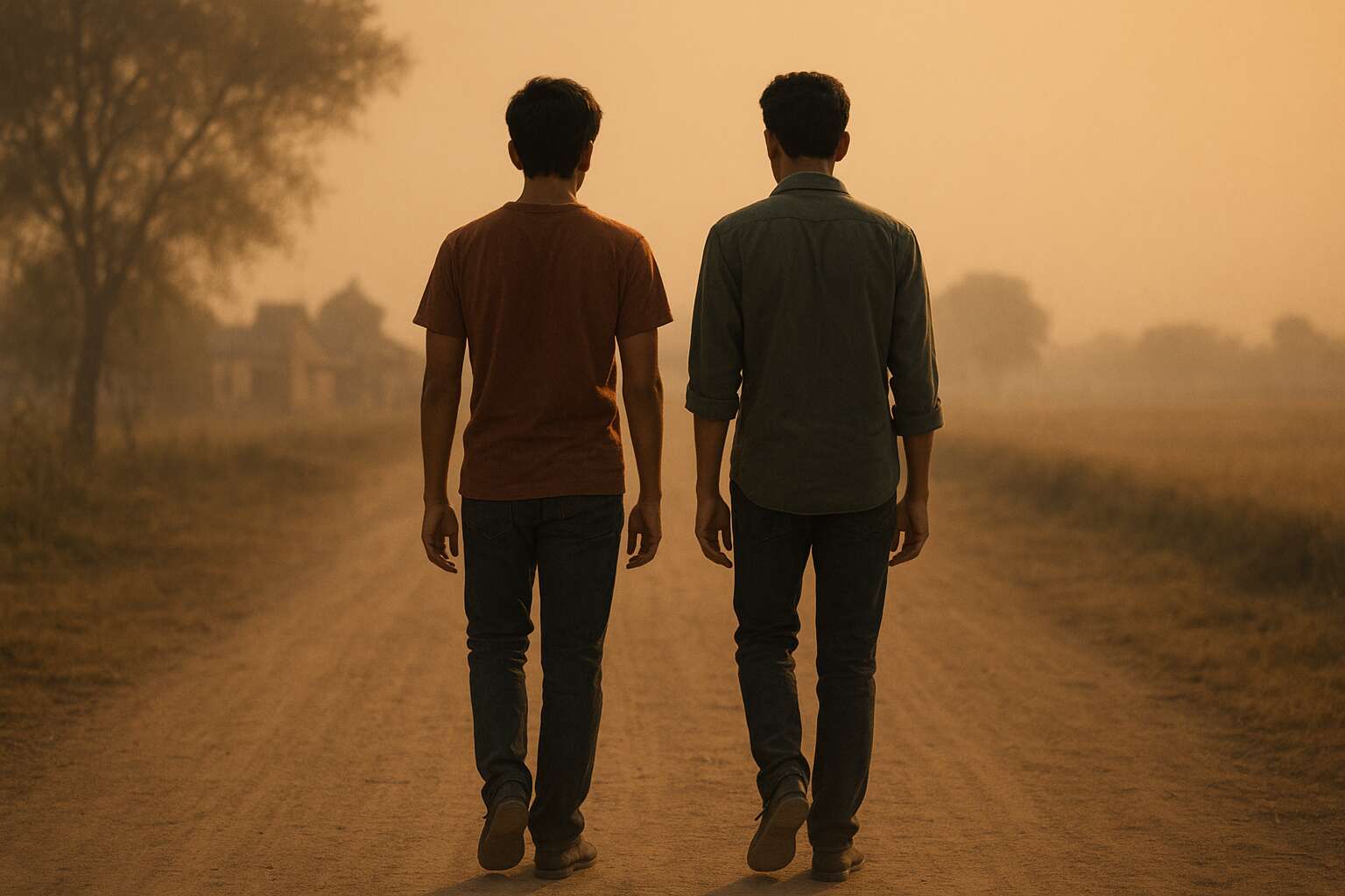 Silhouette of two young men walking side by side in rural road sunset
