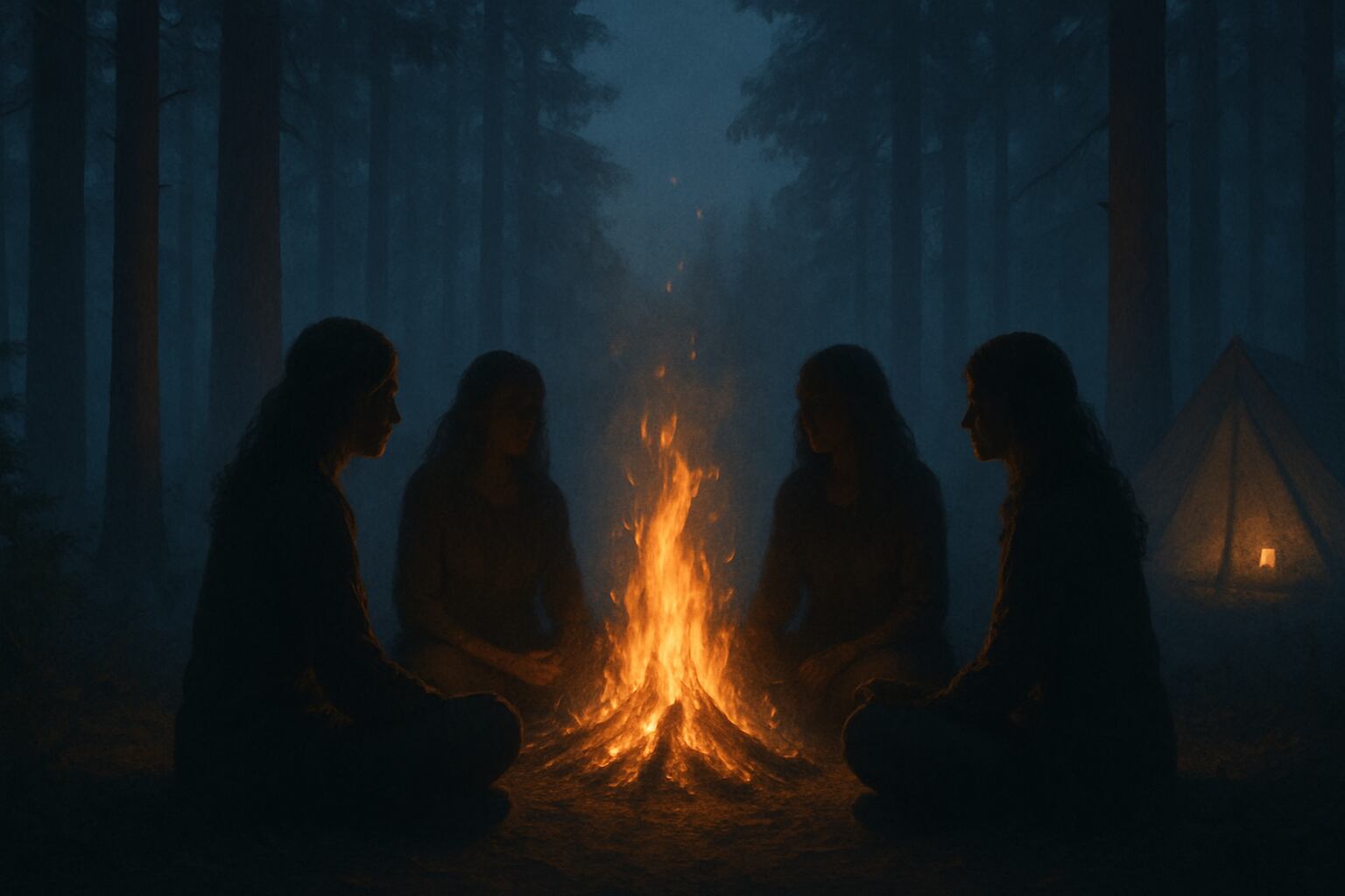 Women gathered around campfire at adult sleepaway retreat in forest