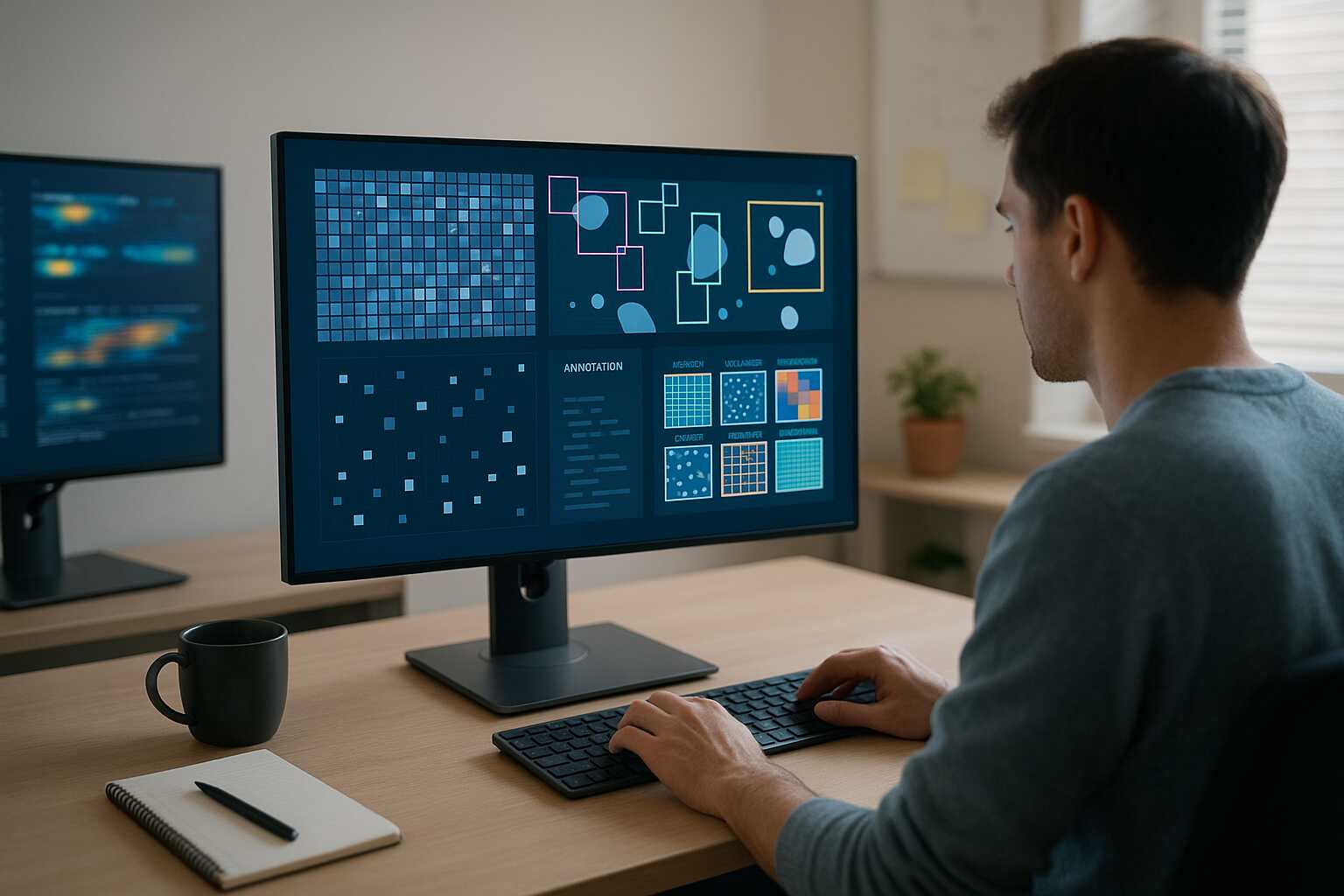 AI trainer typing on laptop surrounded by glowing data screens, symbolizing unseen human role in AI development