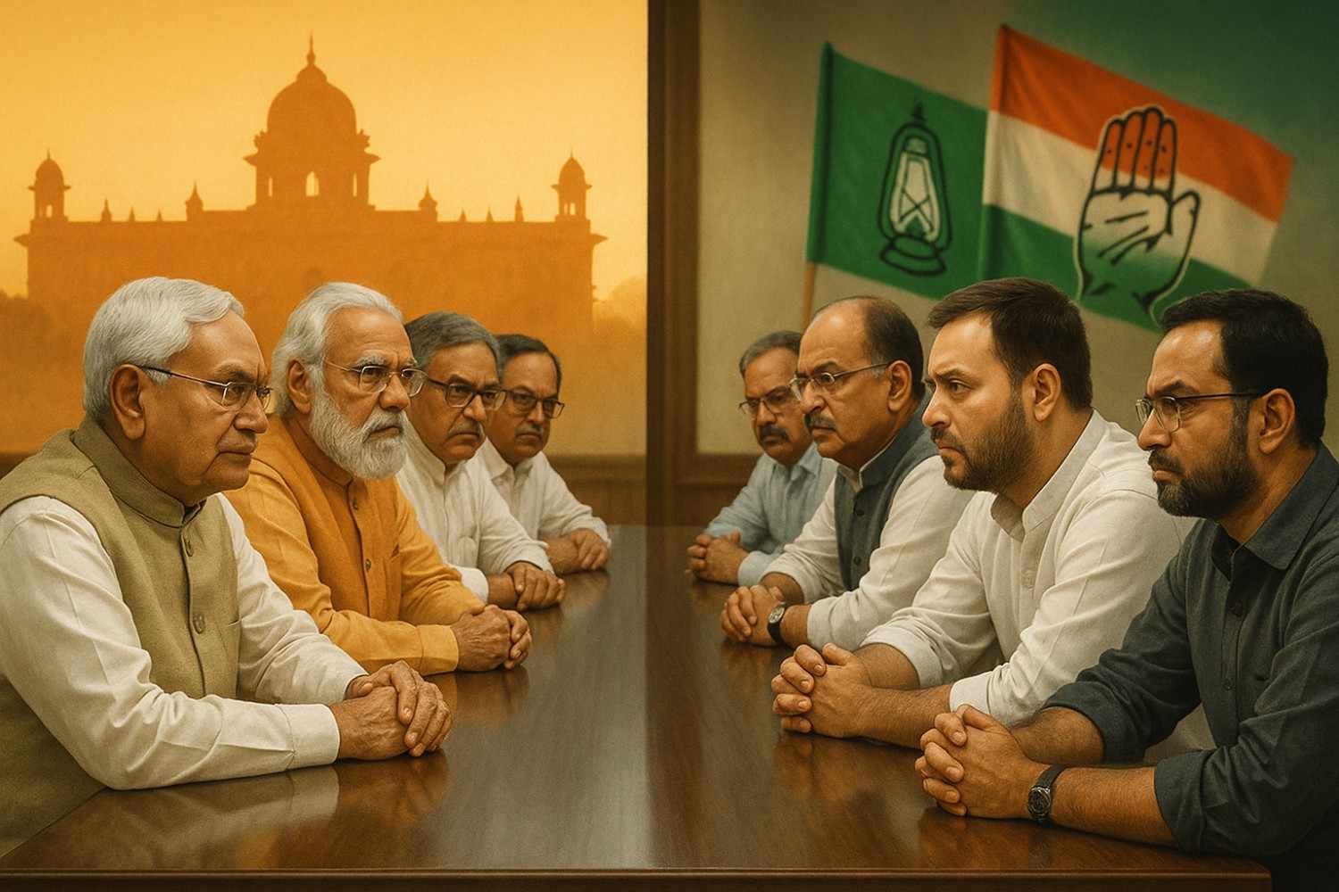 Political leaders from NDA and INDIA bloc during Bihar election seat-sharing discussions.