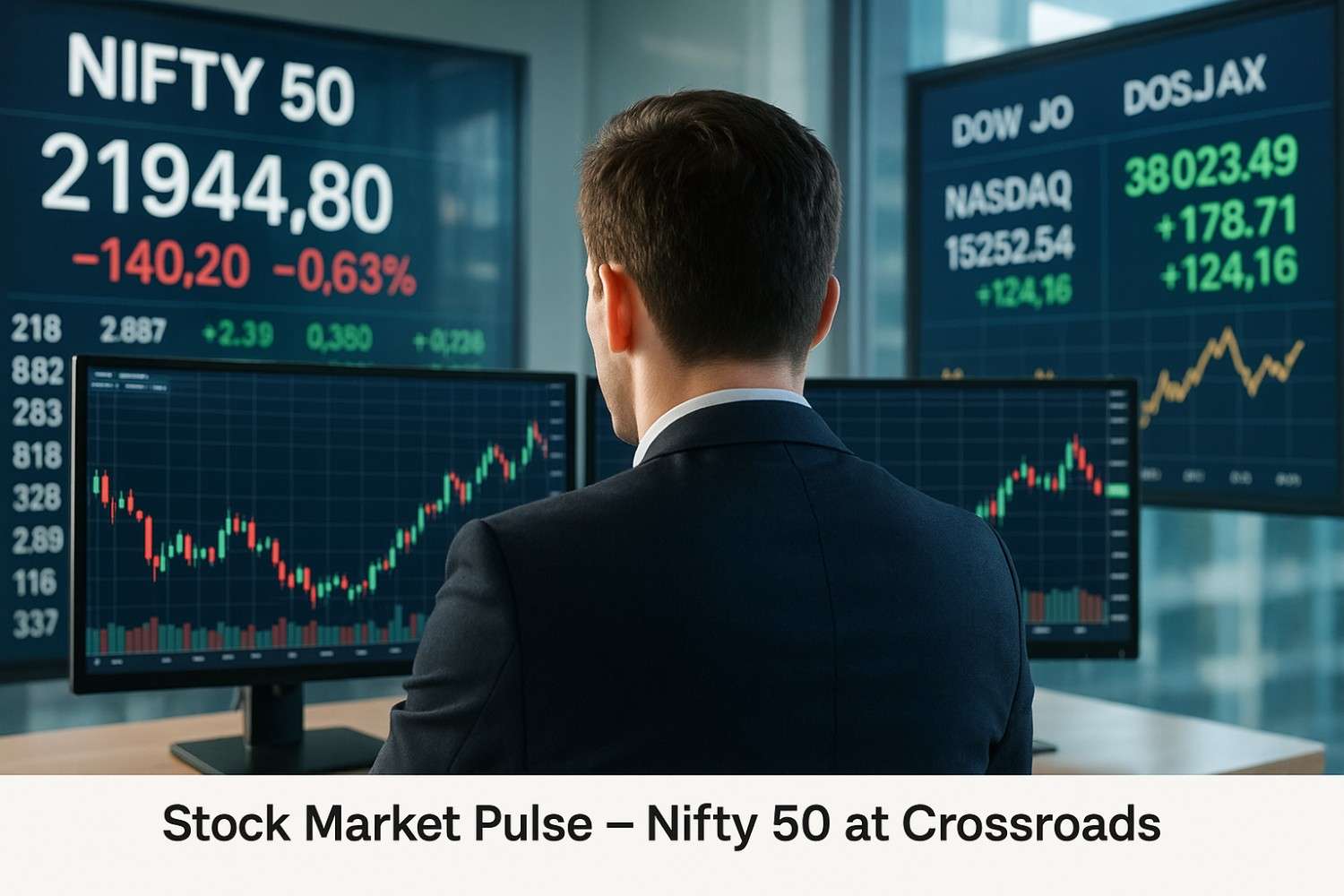 Traders monitoring Nifty 50 and global indices on multiple screens in Mumbai stock exchange office.