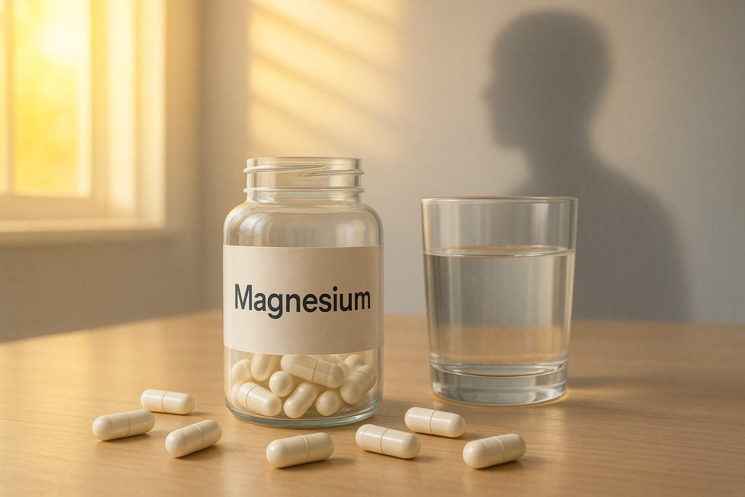 Glass of water beside vitamin and magnesium capsules on wooden table, symbolizing supplement use and vitamin D balance.
