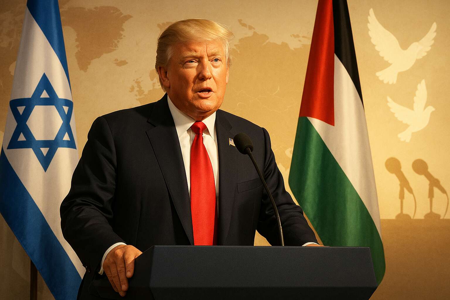 Donald Trump during a press conference announcing Gaza peace deal, with Israel and Palestine flags behind him, symbolizing renewed diplomatic hope.