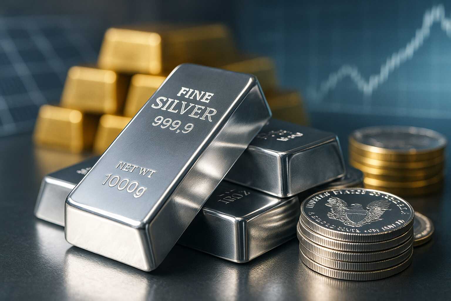 Silver coins and bars stacked beside gold bars, symbolizing silver’s rising value in the global market.