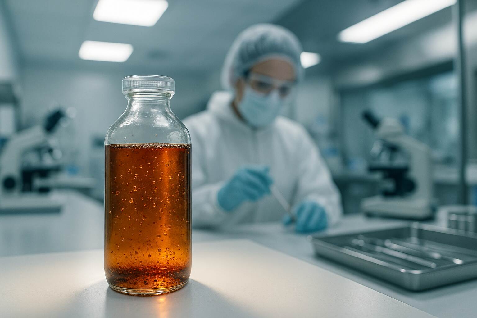 Close-up of a syrup bottle inside a pharmaceutical lab showing contamination risk, bright lighting, clean background, symbolizing India’s drug safety challenges.