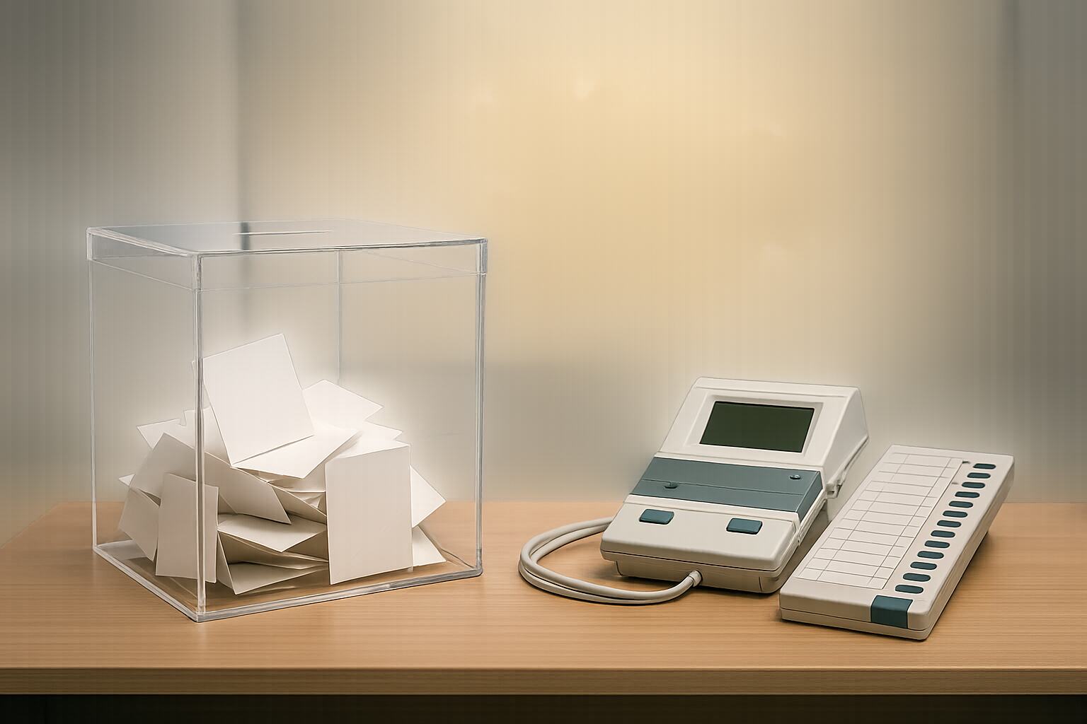 Electronic voting machines and ballot boxes placed over a Bihar map background in a studio setting, bright neutral lighting representing election analysis.