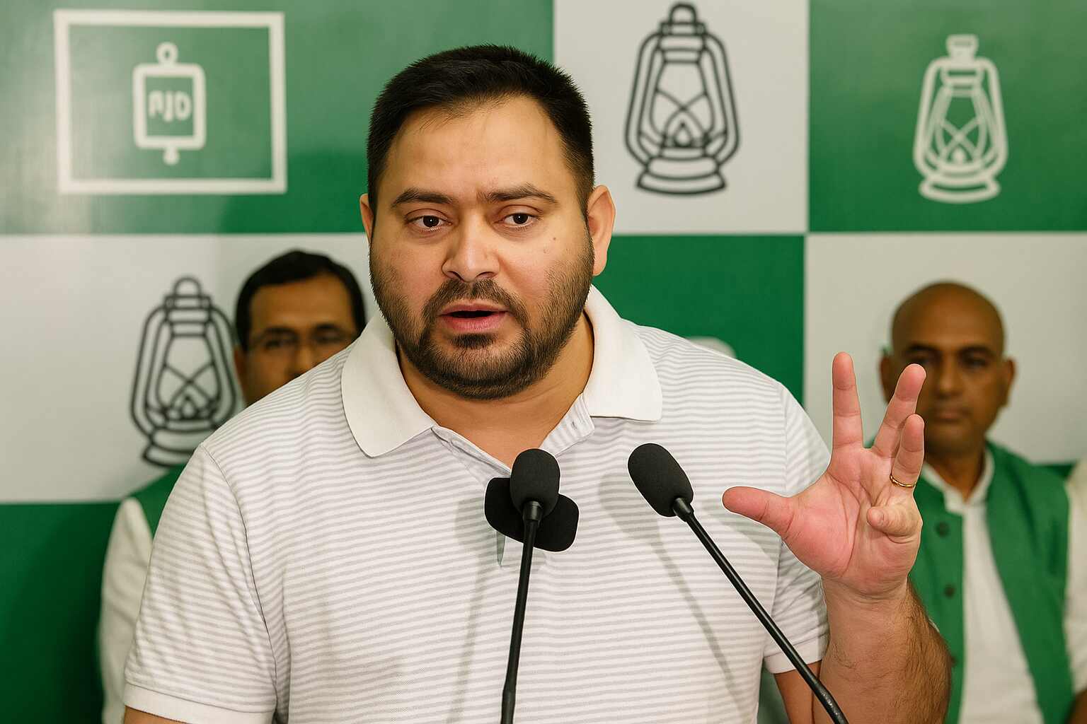 Tejashwi Yadav at a press conference in Patna, gesturing confidently while party workers listen in background with posters and banners visible.