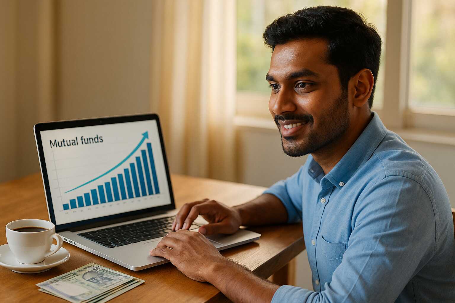 erson checking mutual fund charts on a laptop with upward arrows showing market trends and Indian currency notes beside a coffee mug.