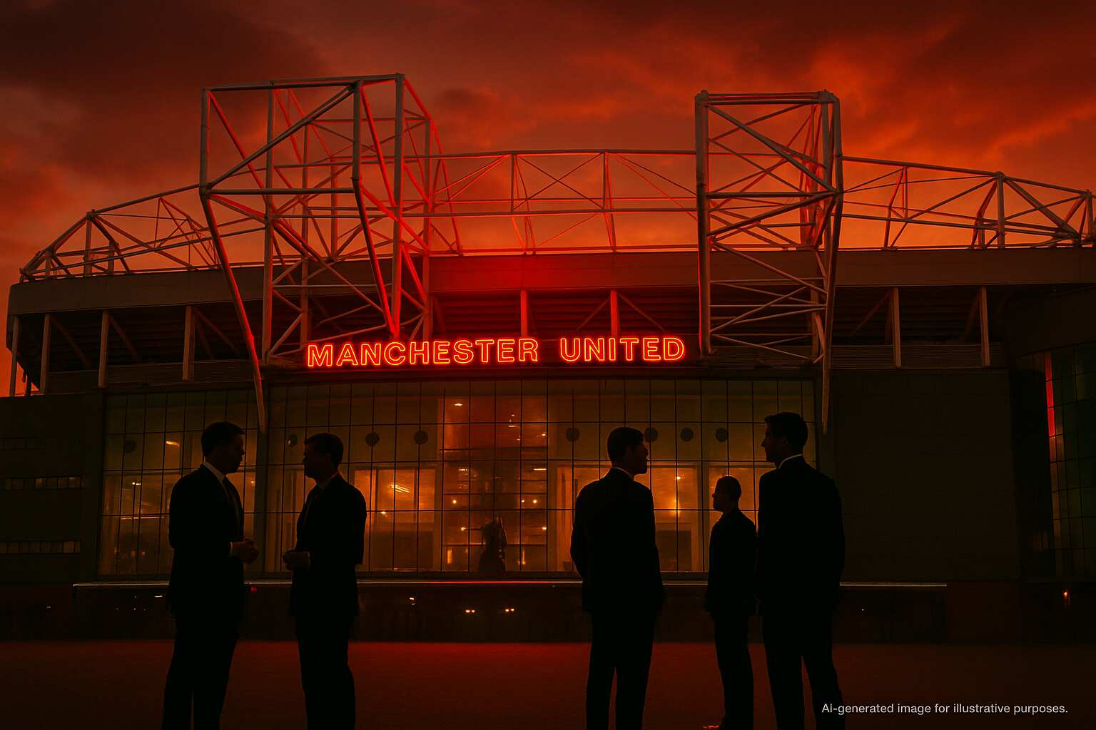 Aerial view of Old Trafford stadium under sunset light, symbolizing Manchester United’s ownership transformation talks with investors, Ratcliffe, and the Glazer family.