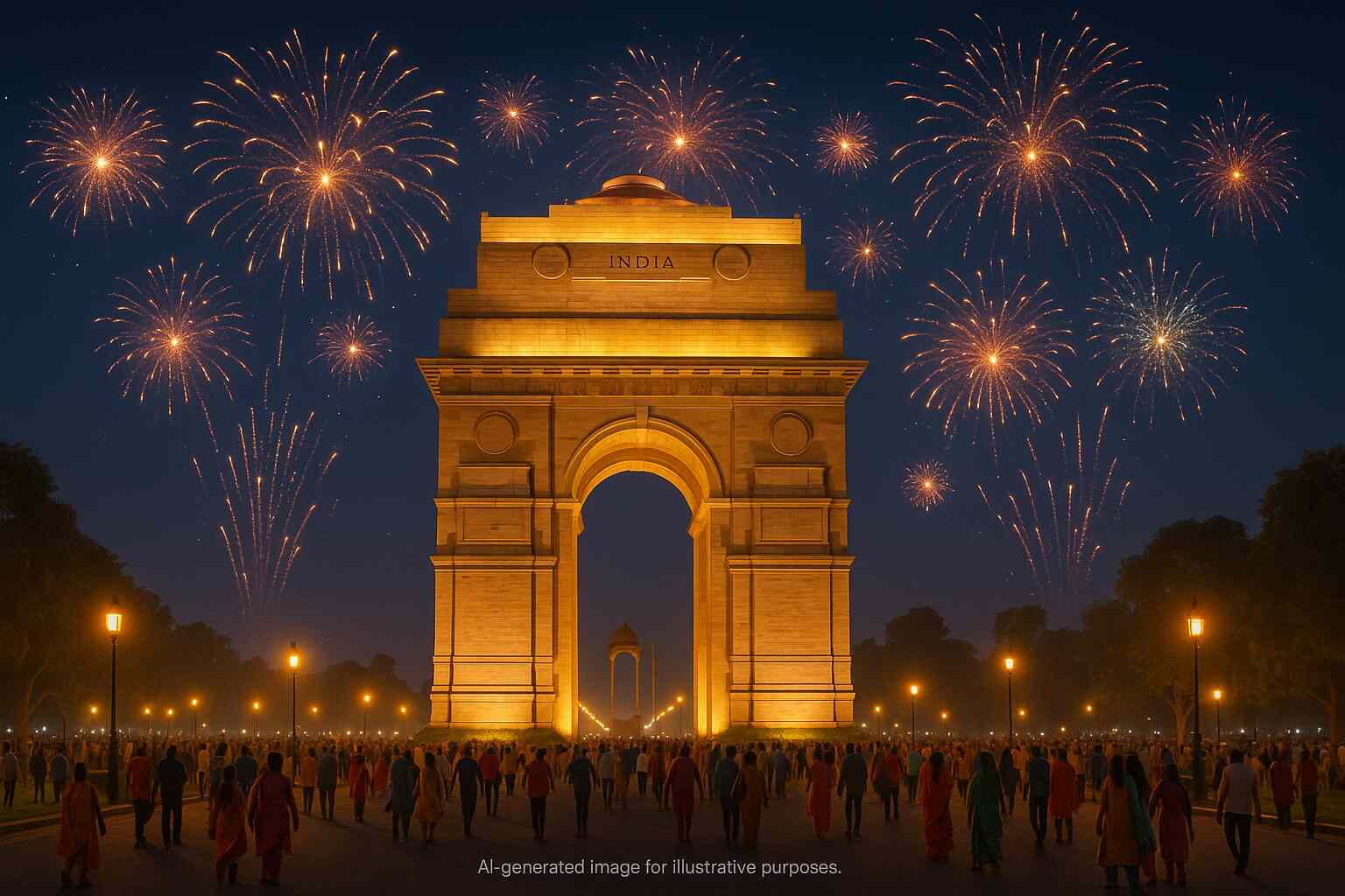 Colorful Diwali crackers lighting up the night sky over India Gate in Delhi, symbolizing the Supreme Court’s conditional approval for green fireworks under environmental safeguards.