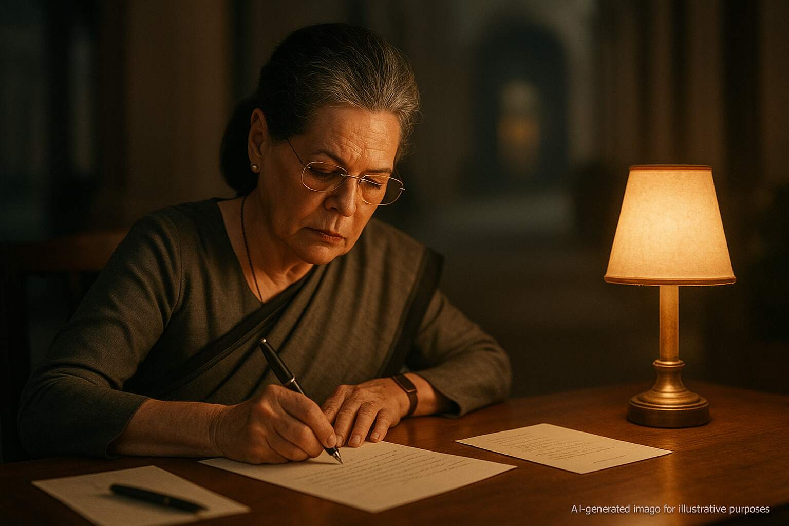 Sonia Gandhi writing a letter on a wooden desk under soft light, symbolizing empathy and concern after the death of a Haryana IPS officer.