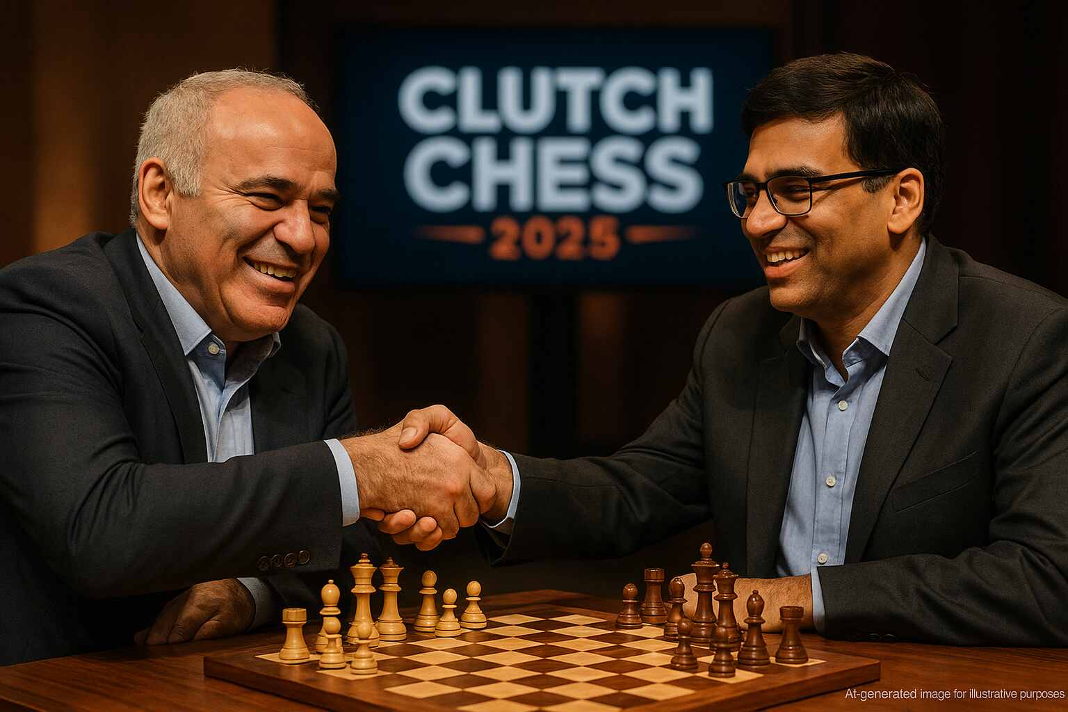 Garry Kasparov and Viswanathan Anand shaking hands after their final Clutch Chess 2025 match, smiling as the audience applauds both legends.