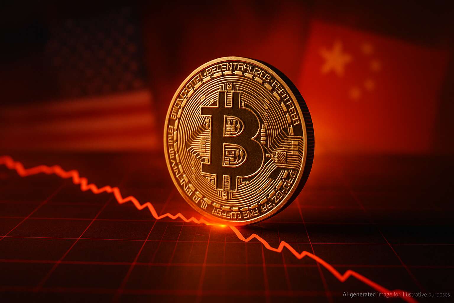 Digital screen showing Bitcoin price drop beside U.S. and China flags, symbolizing crypto market crash after Trump’s 100% tariff announcement.