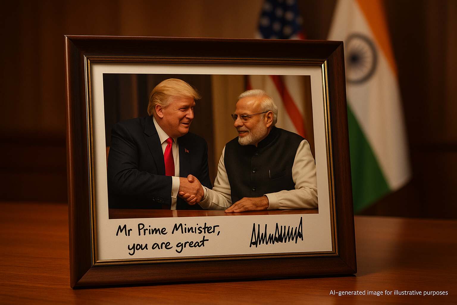 Donald Trump’s signed photograph addressed to Prime Minister Narendra Modi, showing both leaders smiling and shaking hands at an official meeting.