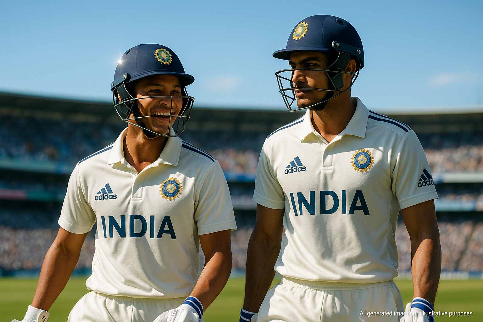 Yashasvi Jaiswal and Shubman Gill celebrate after a partnership milestone during an India match, showing contrasting yet complementary energy on the field.