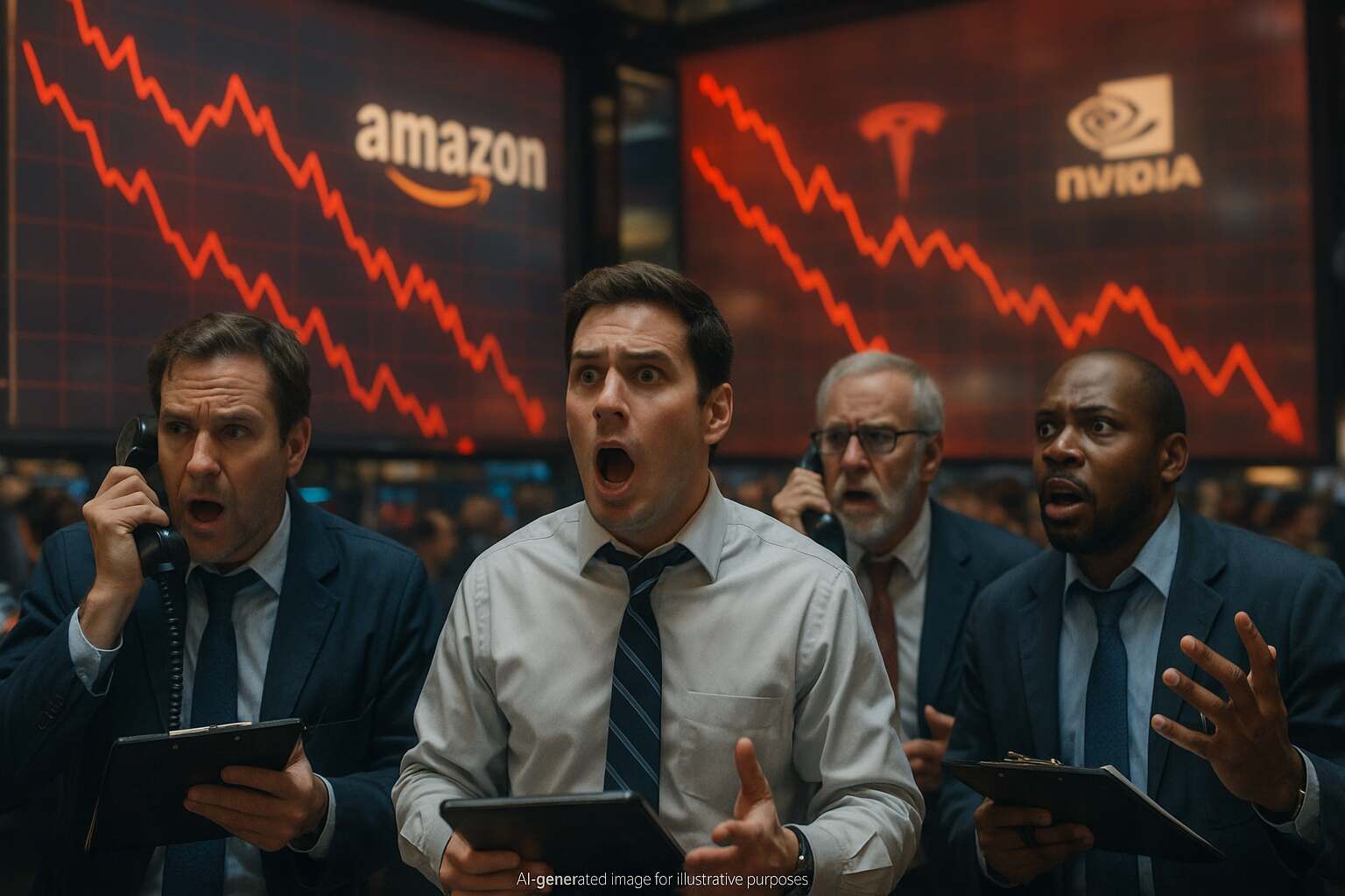 Stock traders react to falling charts on large screens showing sharp declines in Amazon, Tesla, and Nvidia shares after Trump’s China tariff announcement.