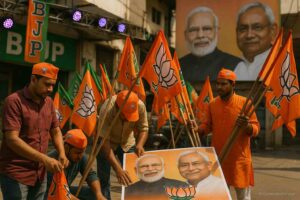 BJP headquarters in Patna decorated with saffron flags ahead of Bihar Elections 2025.