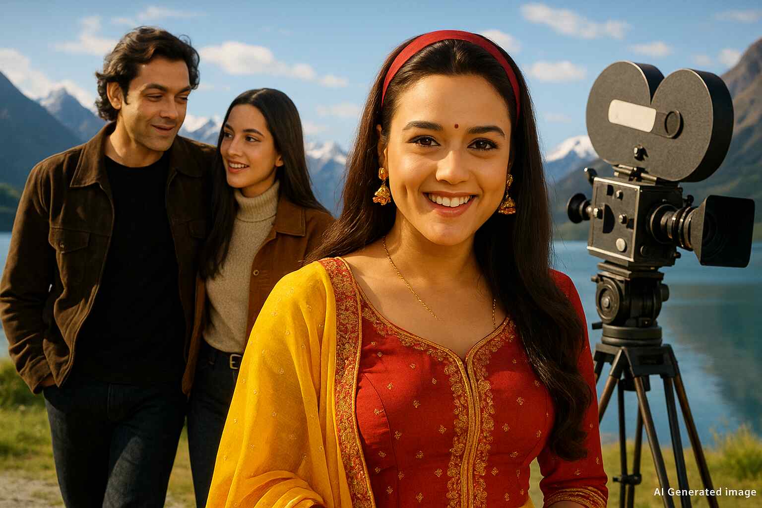 Preity Zinta and Bobby Deol during Soldier shoot in New Zealand reminiscing Bollywood nostalgia.