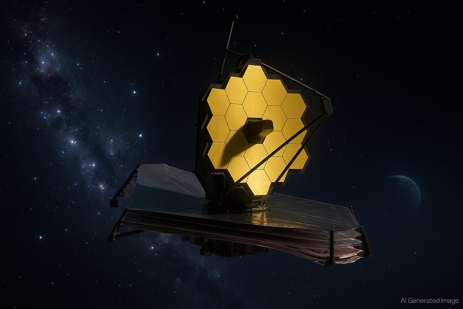 James Webb Telescope in deep space capturing high-resolution images of distant galaxies.