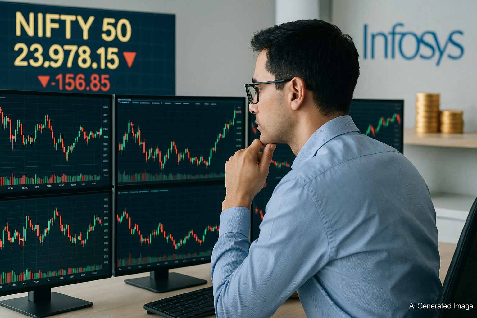 Traders monitor Nifty 50 and stock screens as Infosys and Wipro release Q2 earnings.