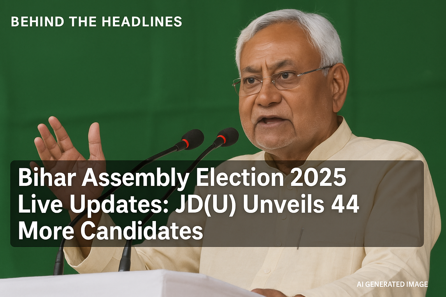 Nitish Kumar addressing supporters at JD(U) headquarters during Bihar election campaign announcement.
