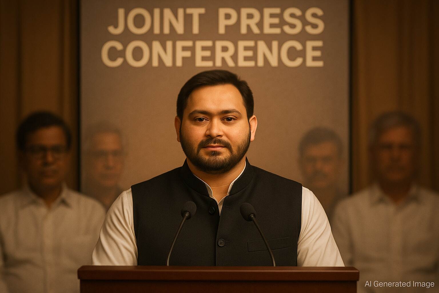 Poster of Mahagathbandhan’s joint press meet featuring only Tejashwi Yadav, symbolizing political tension and alliance imbalance ahead of Bihar elections.