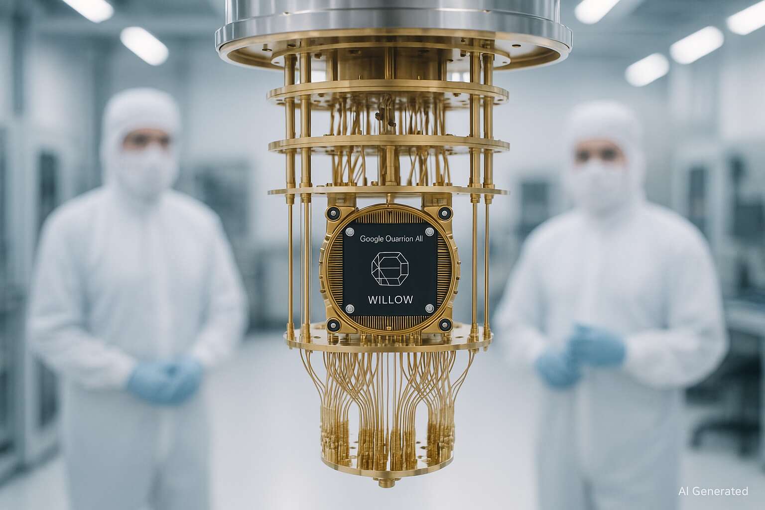 Scientists working on Google’s Willow quantum chip inside an advanced lab, showing futuristic processors symbolizing next-generation computing.