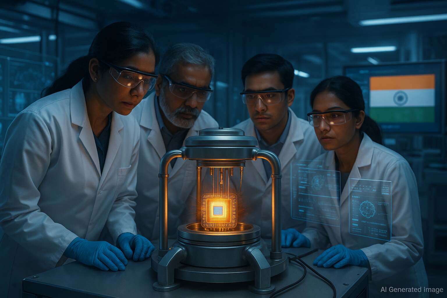 Indian scientists working inside a high-tech quantum computing lab with glowing processors symbolizing India’s Quantum Mission 2030.