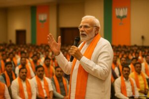 Prime Minister Narendra Modi addressing BJP workers in Bihar, referencing “jungle raj” era ahead of 2025 election.