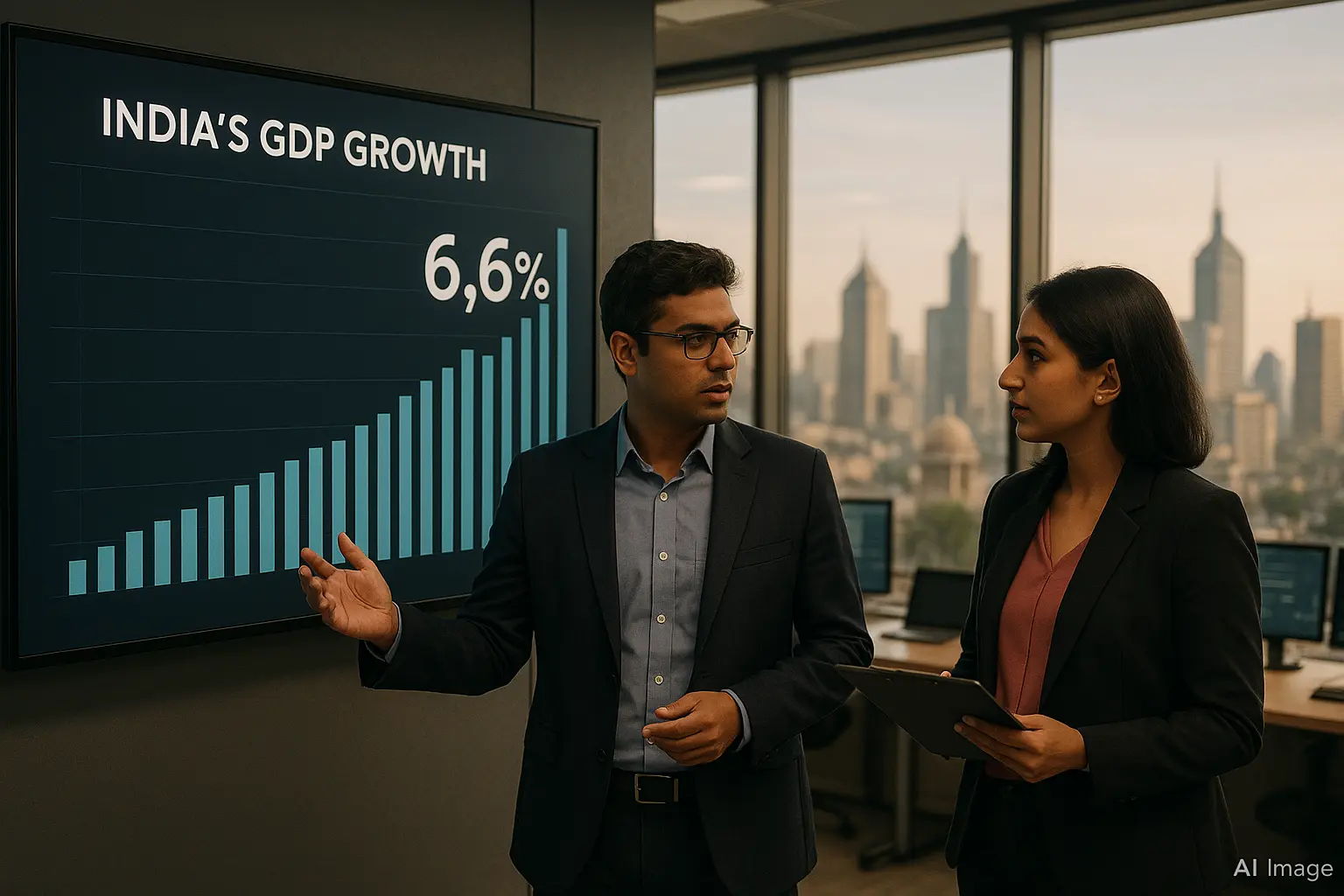 India GDP growth chart showing 6.6 percent forecast by IMF, ahead of China at 4.8 percent.