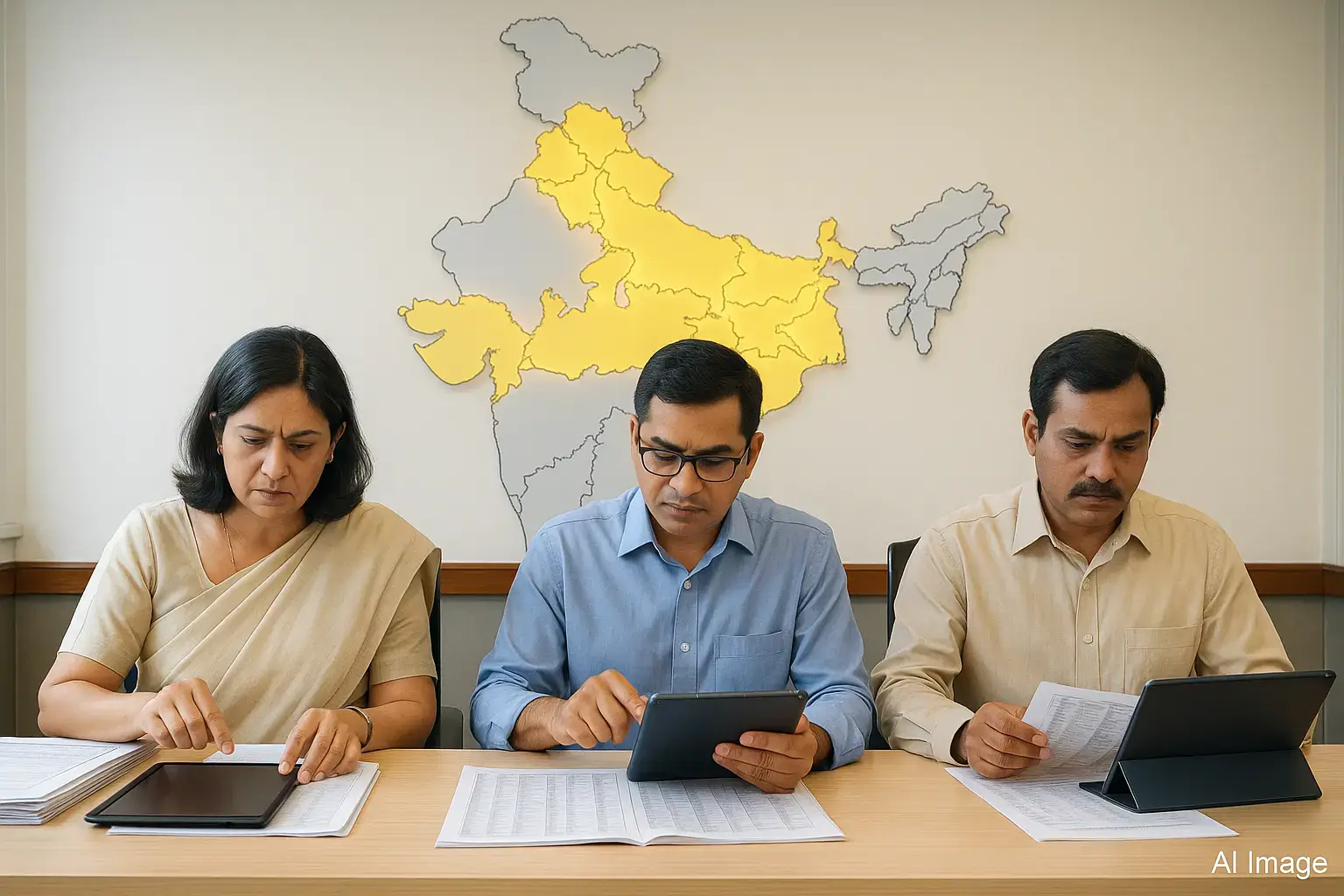 Election Commission staff verifying voter lists during special revision drive across 12 Indian states and UTs.