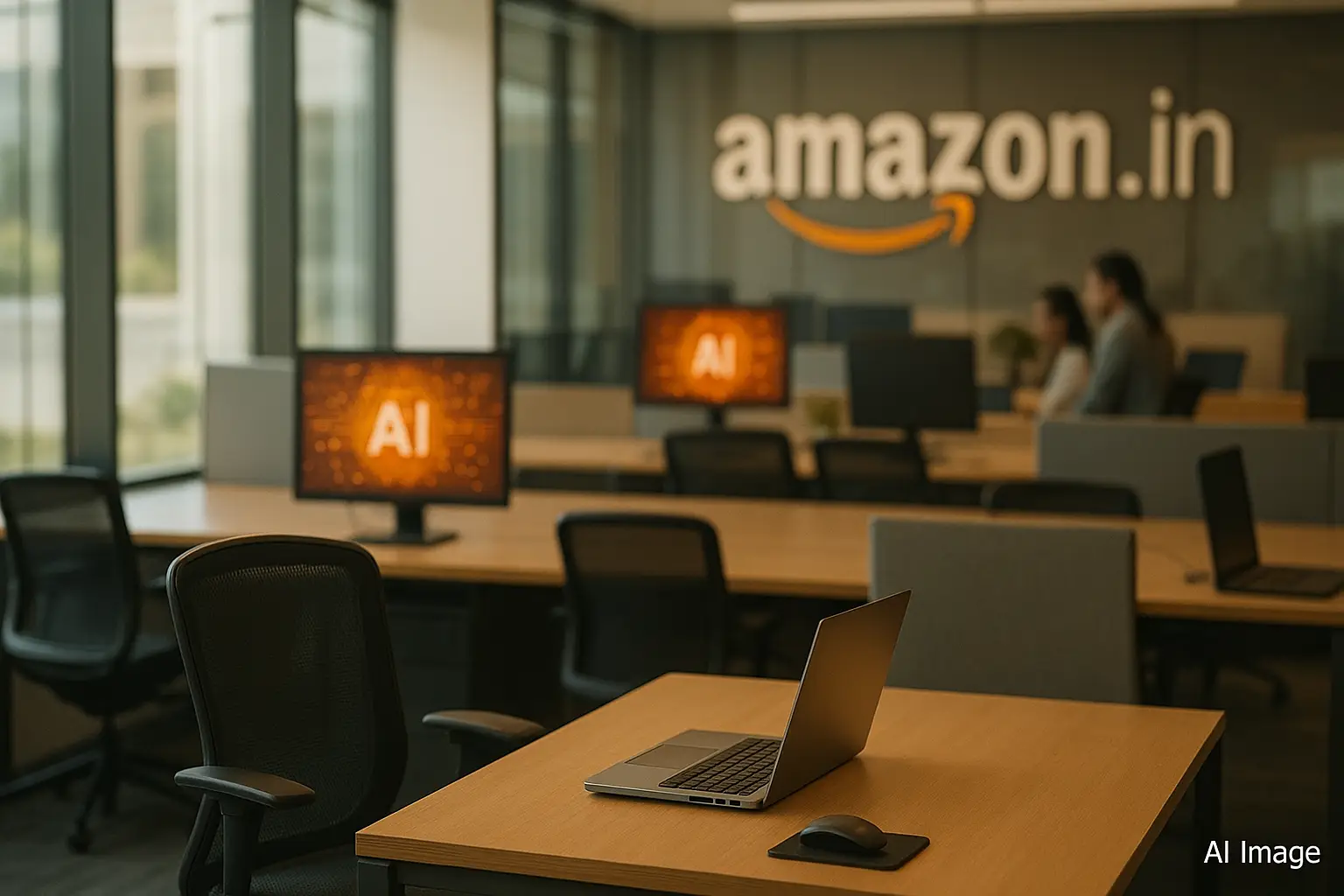 Amazon India office lobby with employees walking past digital displays showing AI automation graphics.