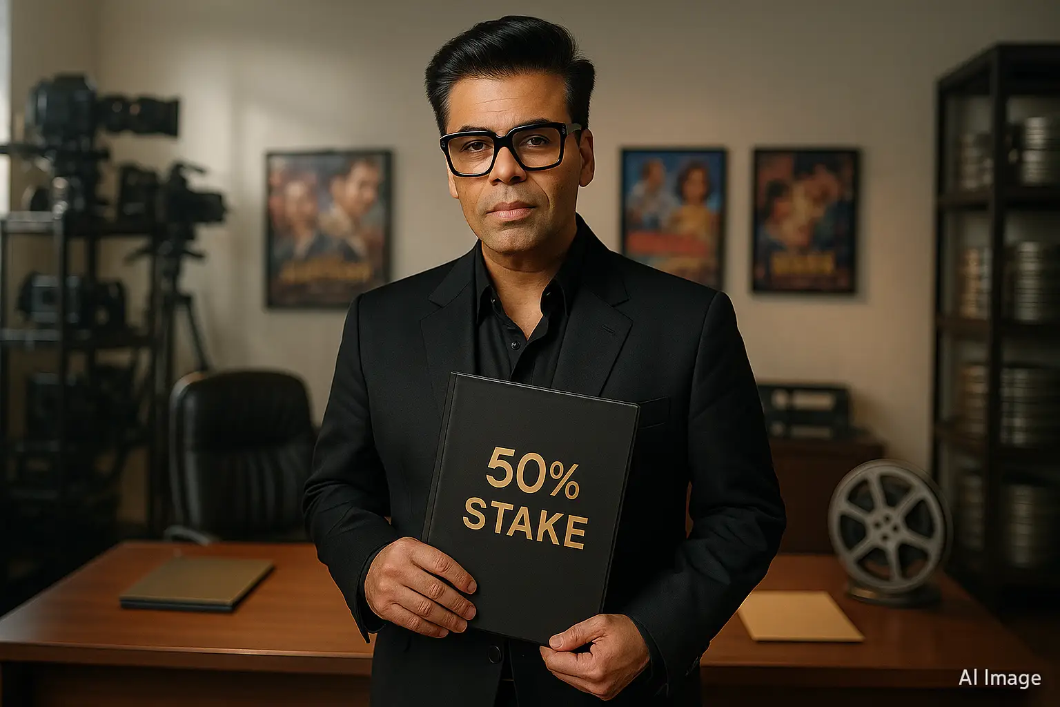 Karan Johar at a press event with subtle film-studio backdrop and subdued lighting.