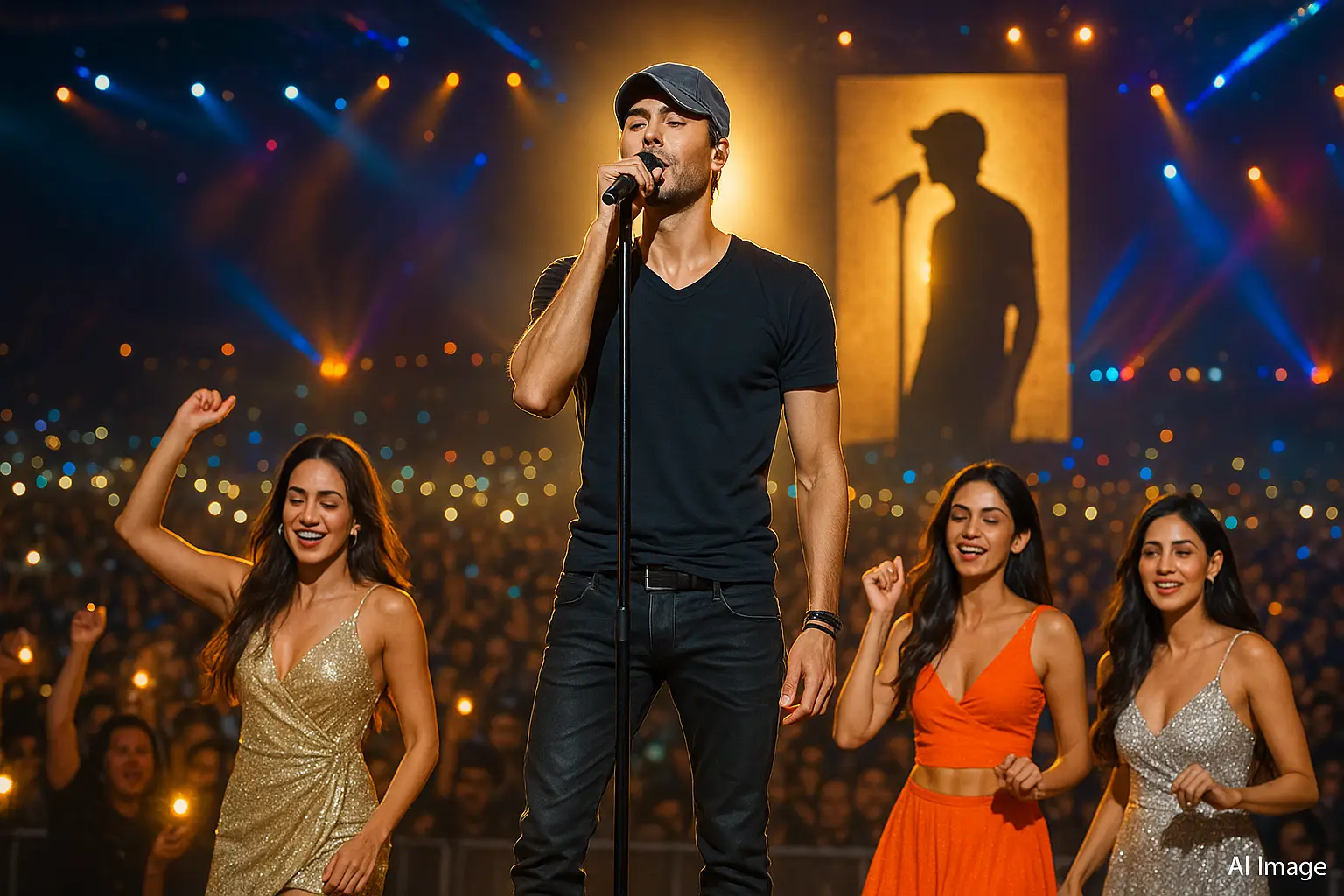 Enrique Iglesias performing on stage in Mumbai with Bollywood stars dancing in crowd.