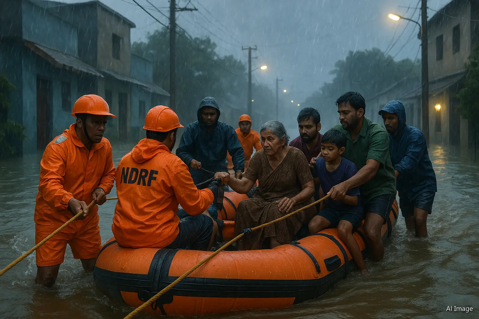 Rescue workers evacuating people in flooded Warangal streets during heavy rainfall.
