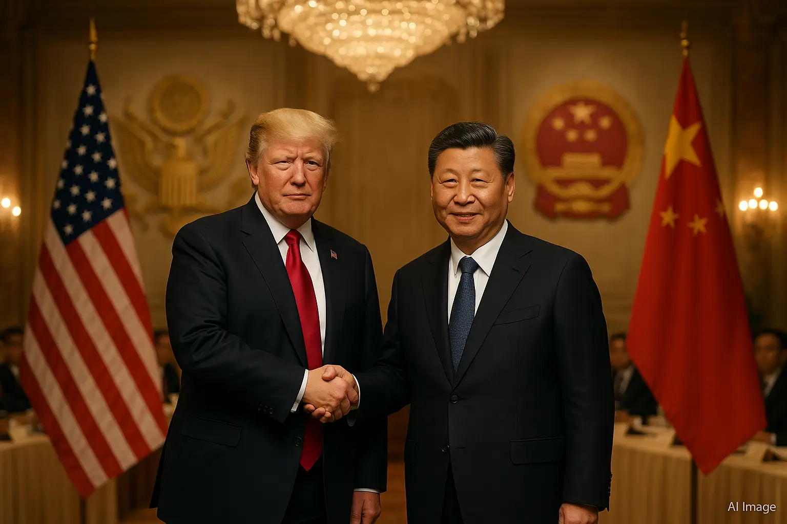 President Donald Trump and President Xi Jinping shaking hands during a high-level meeting in Beijing.