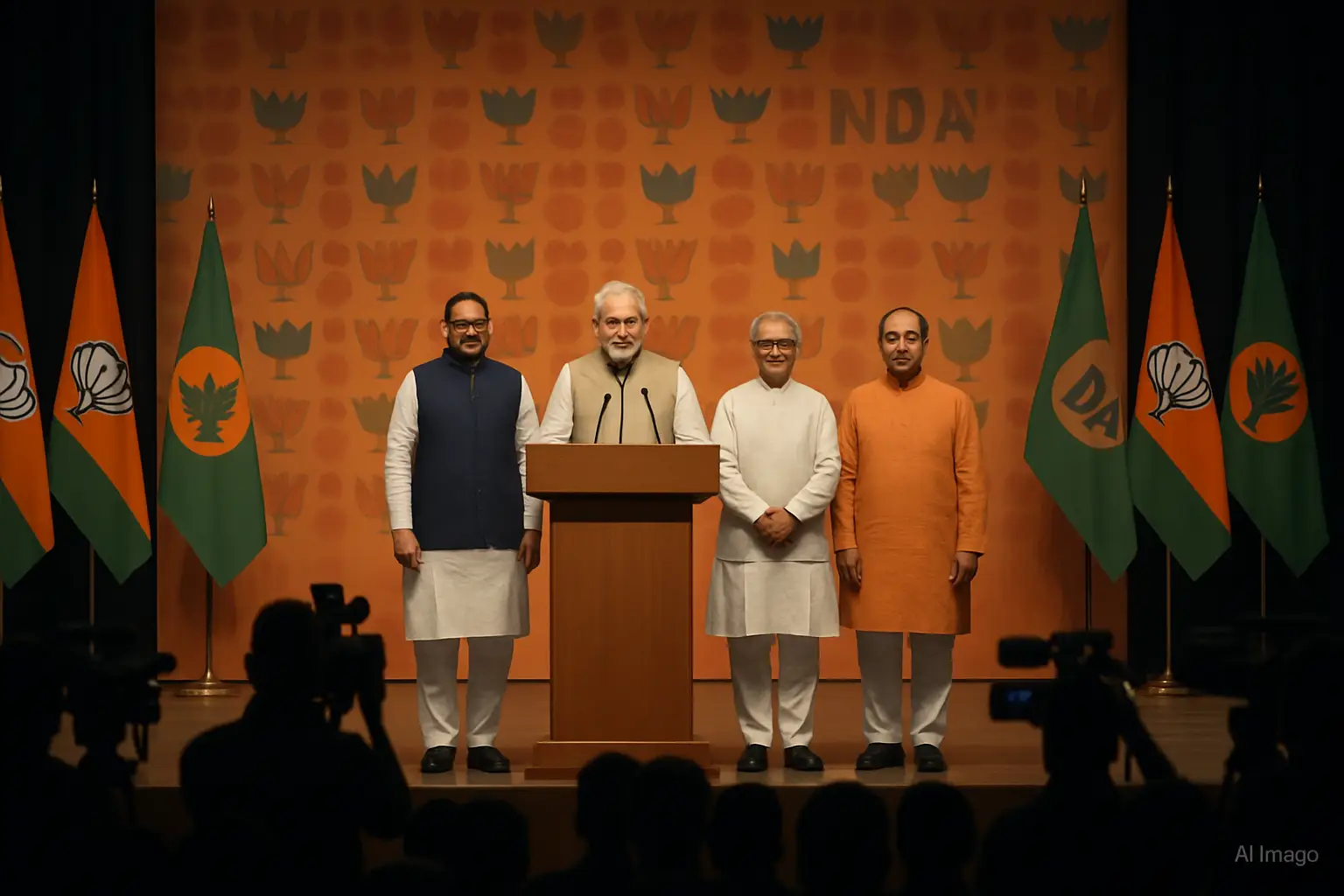 Leaders of NDA alliance standing together at manifesto launch event in Patna, Bihar.