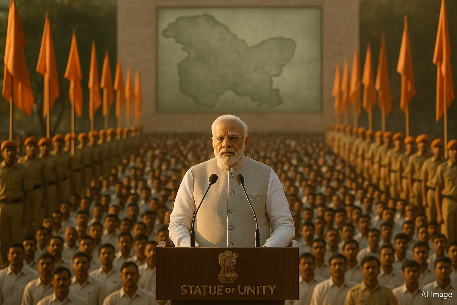 Prime Minister Narendra Modi paying tribute at the Statue of Unity in Gujarat with Kashmir valley map faintly seen behind.