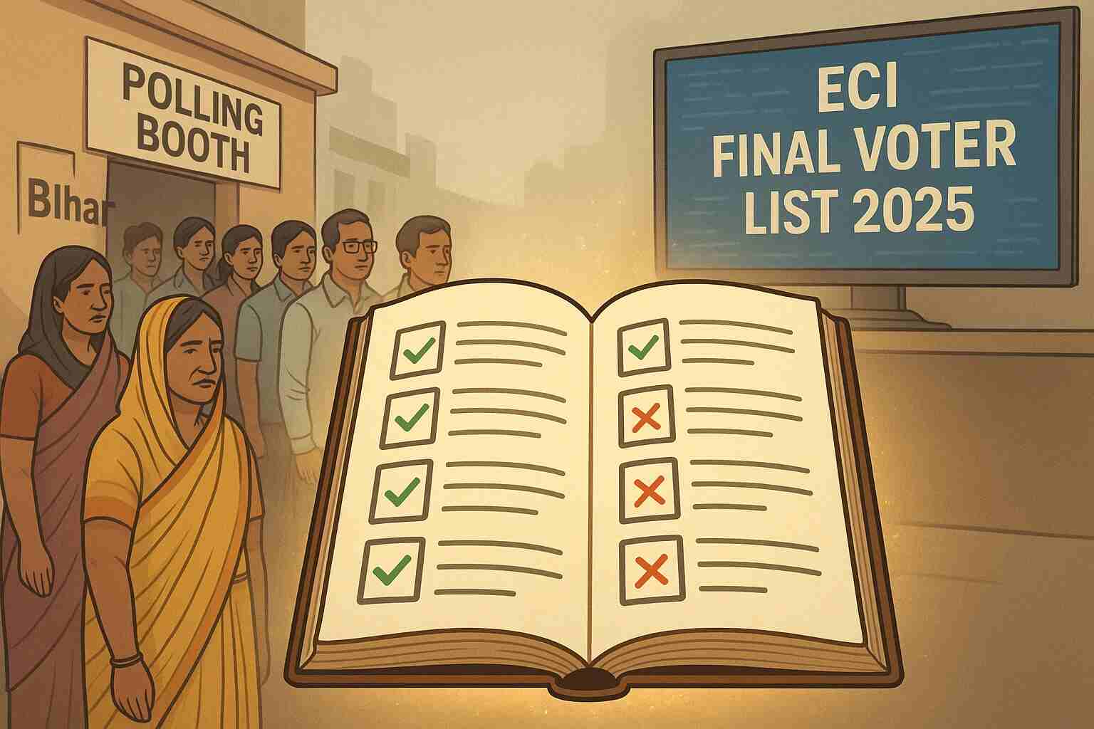 People checking names on the electoral roll in Bihar.
