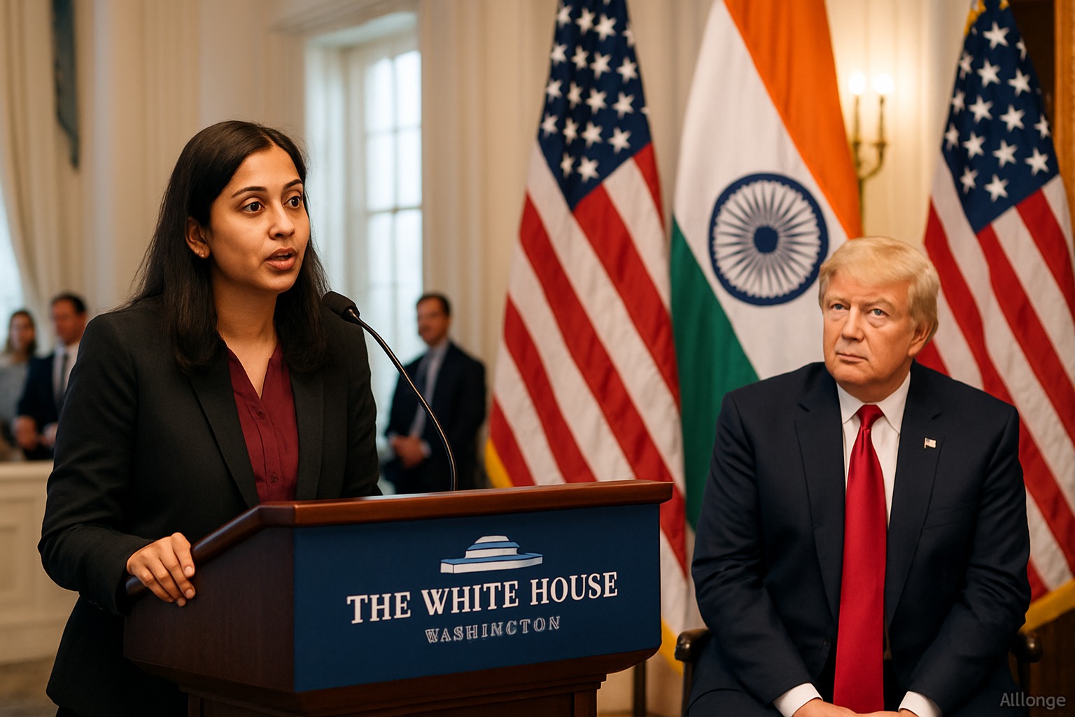 Indian correspondent asking question at White House Diwali celebration with President Trump listening.