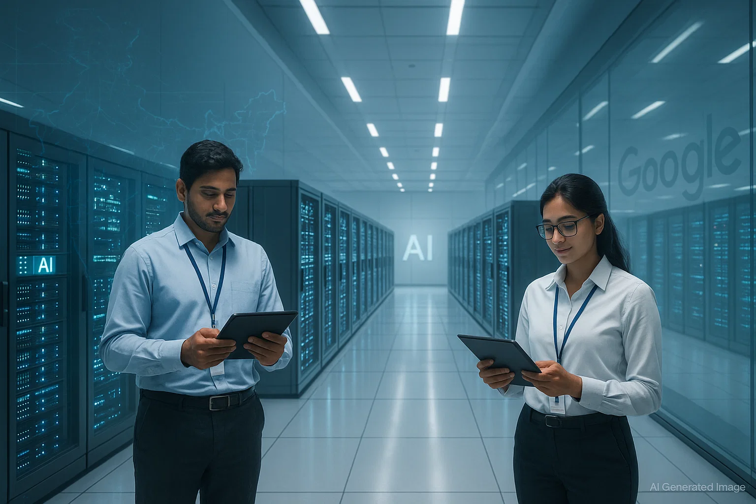 Google CEO Sundar Pichai announcing $15 billion AI data centre investment in India.