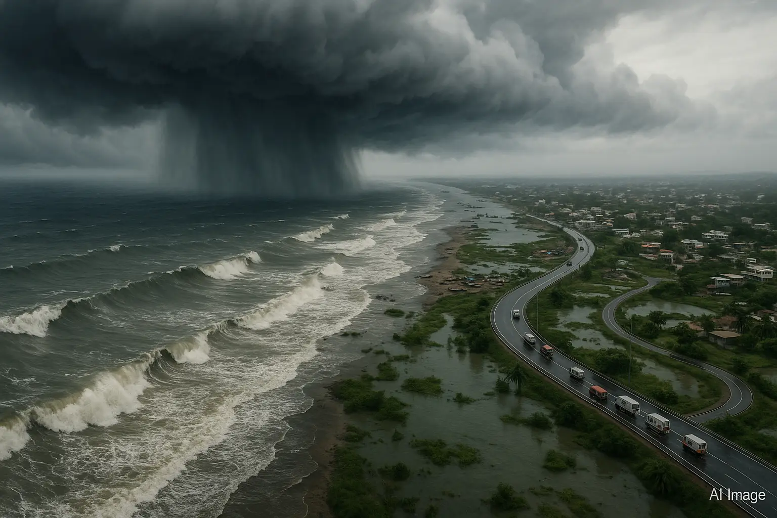 Cyclone Montha approaching Andhra Pradesh coast with heavy rain and cloud bands over eastern India.
