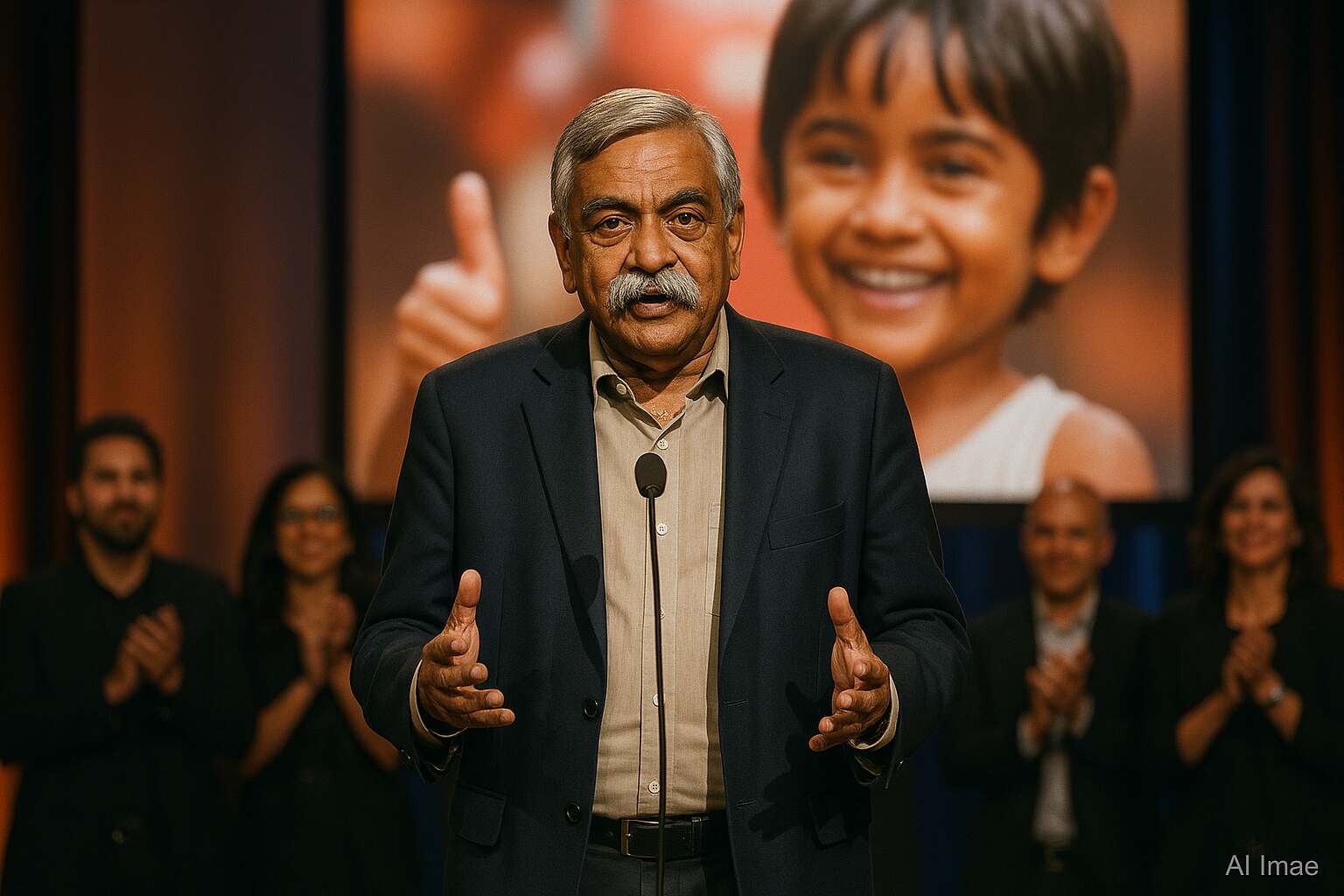 Piyush Pandey speaking at an industry event, with media cameras and banners capturing his legacy.